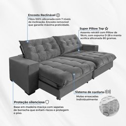 Sofá Retrátil e Reclinável 2,30m 4 Lugares Molas Ensacadas Pillow Top Califórnia - 4