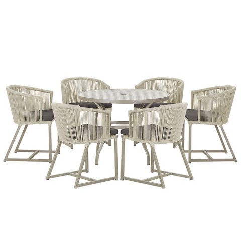 Mesa com 6 Cadeiras de Jantar Roma 120cm e Noronha em Alumínio Fendi Corda Náutica Estofado 11 Trama