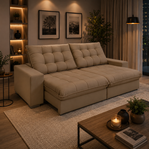 Sofá Califórnia Retrátil e Reclinável 3,10m 6 Lugares Molas Ensacadas Pillow Top Veludo Castor