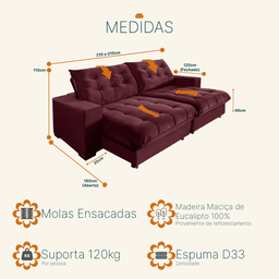 Sofá Retrátil e Reclinável 2,10m 3 Lugares Molas Ensacadas Pillow Top Califórnia - 3