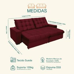 Sofá Retrátil e Reclinável 2,10m 3 Lugares Molas Ensacadas Pillow Top Califórnia - 3