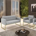 Ver mais imagens de Kit 1 Sofá Namoradeira e 1 Poltrona Suede Base Metálica Industrial Dourado - D\'rossi Cor Cinza