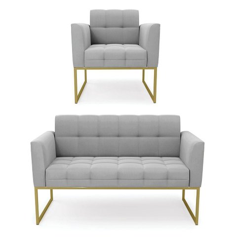 Kit 1 Sofá Namoradeira e 1 Poltrona Suede Base Metálica Industrial Dourado - D\'rossi Cor Cinza