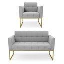 Ver imagem 1 de Kit 1 Sofá Namoradeira e 1 Poltrona Suede Base Metálica Industrial Dourado - D\'rossi Cor Cinza