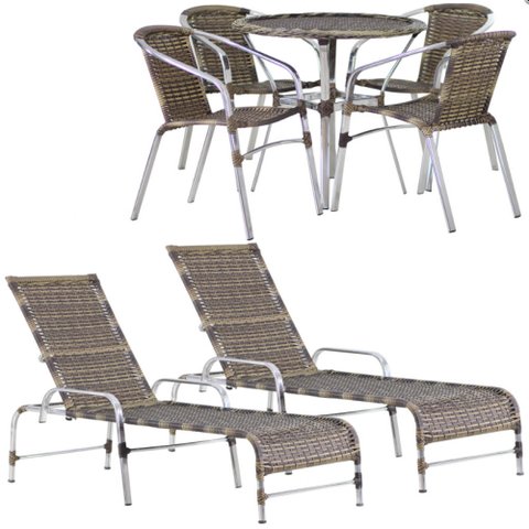 Kit 4 Cadeiras Floripa e Mesa Tampo Tramado com 2 Espreguiçadeiras Catar Piscina, Jardim, Varanda, Á