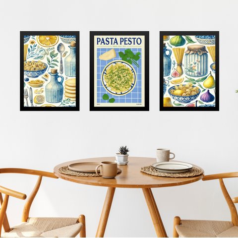 Kit 3 Quadros para Cozinha Azul - Pasta Pesto 24x18cm:moldura Preta