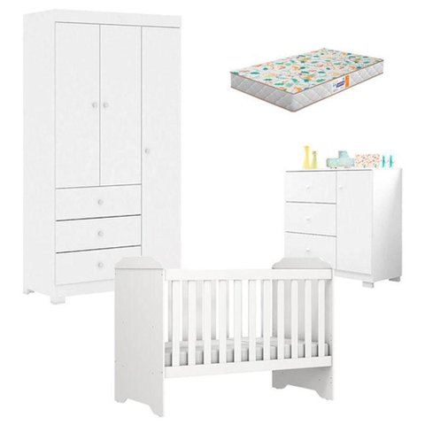 Quarto de Bebê Duda 3 Portas e Berço Americano Mini Cama Mel Branco Brilho com Colchão Gazin