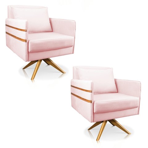 Kit 02 Poltronas Giratória Mari Suede Base de Madeira MA30 - D’Rossi - Rosa Bebê