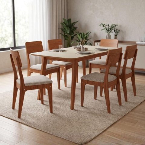 Mesa Jantar 1,60m x 0,90m Retangular Pés Retrô com 6 Cadeiras Assento Estofado 100% MDF Dalla