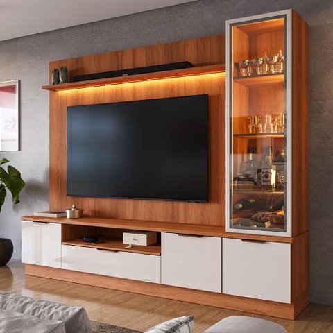 Estante Home Noble para Tv até 75” 225cm com Cristaleira Led Porta Reflecta Sala Moderna