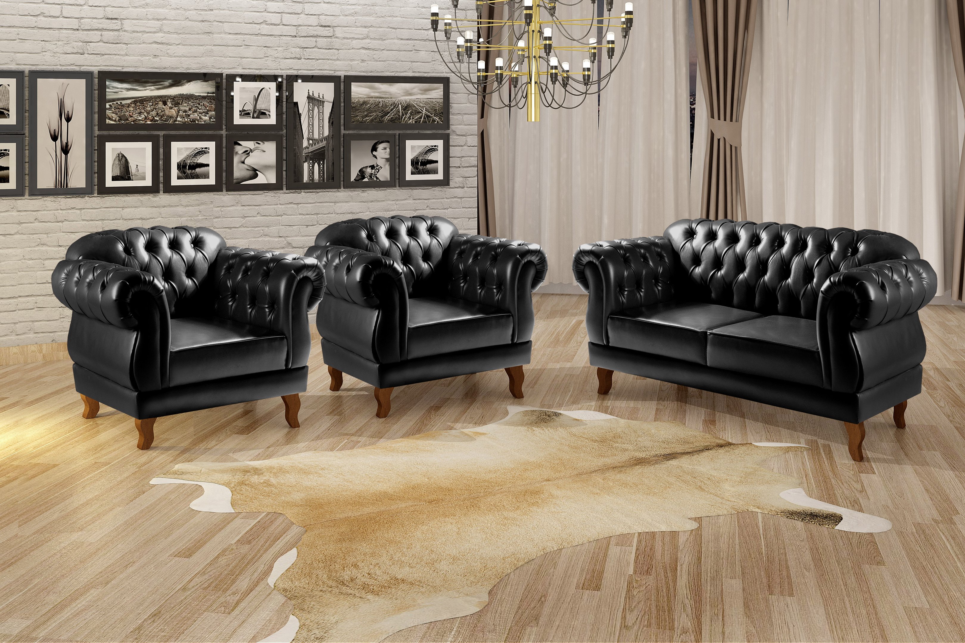 Conjunto Sofá Chesterfield 2 lugares Com 2 Poltronas Duquesa - Couríssimo Preto - 2