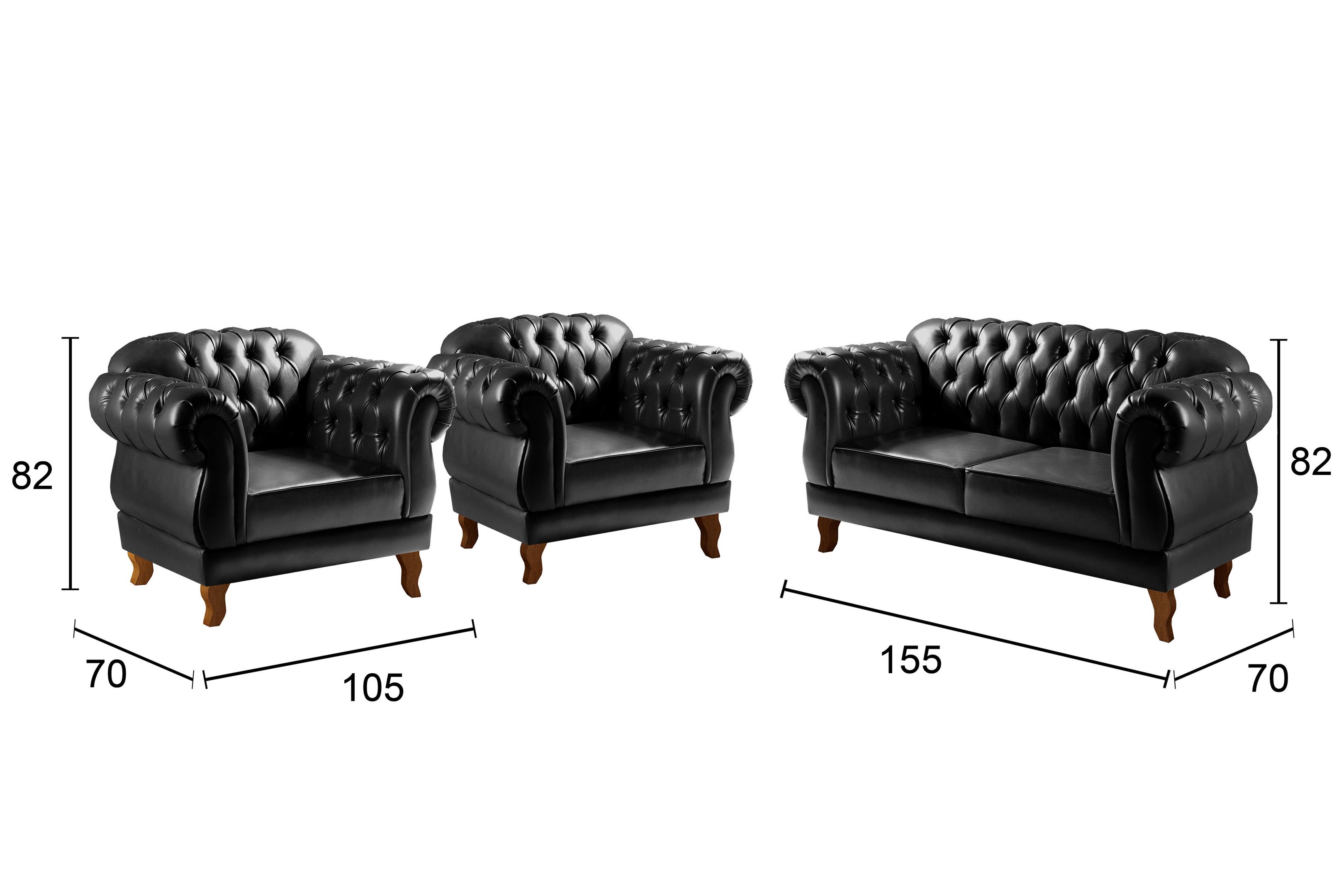 Conjunto Sofá Chesterfield 2 lugares Com 2 Poltronas Duquesa - Couríssimo Preto - 3