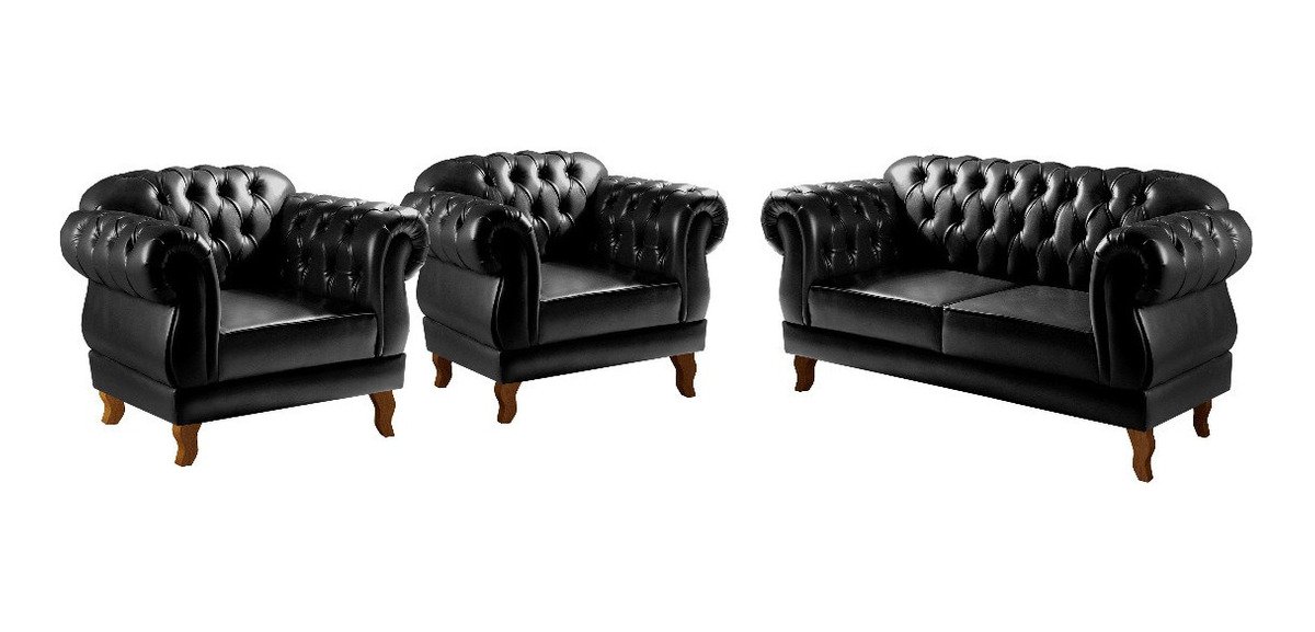 Conjunto Sofá Chesterfield 2 lugares Com 2 Poltronas Duquesa - Couríssimo Preto