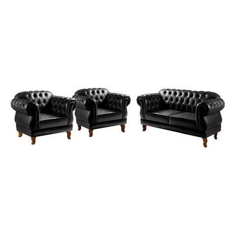 Conjunto Sofá Chesterfield 2 lugares Com 2 Poltronas Duquesa - Couríssimo Preto
