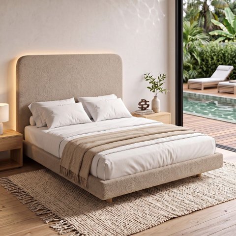 Cama Box Base King com Cabeceira Zaya 193x203 Flutuante Japonesa Bouclê Capuccino - Desk Design