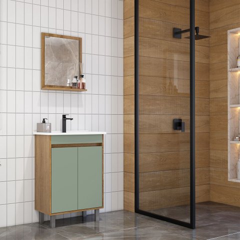 ​conjunto Banheiro Capri 60cm Armário Completo Gabinete Cuba Espelheira