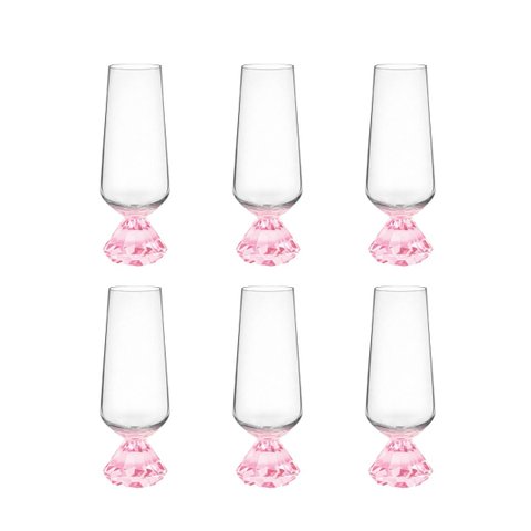Conjunto 6 Taças de Champanhe em Vidro Base Cristal Prisma Rosa 290ml JL1018 Btc