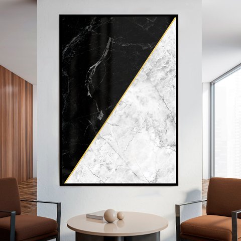 Quadro Decorativo Geométrico Mármore Preto e Branco em Moldura Caixa Tacolado Moldura Trad 1cm Madei