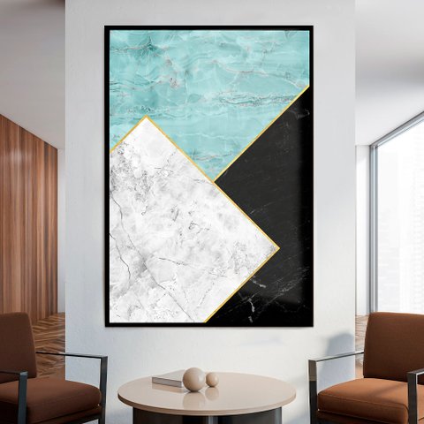 Quadro Decorativo Geométrico Mármore Azul, Branco e Preto em Moldura Caixa Tacolado Moldura Trad 1cm
