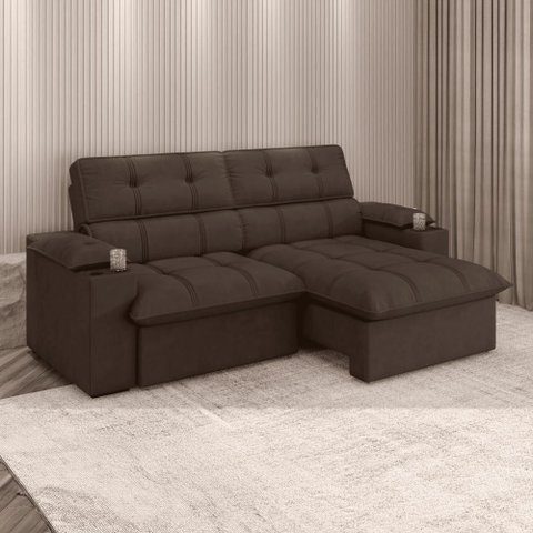 Sofá Retrátil e Reclinável 2,10m Suede Marrom c/ Porta Copo Liverton Xflex