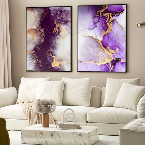 Kit Quadro Decorativo 2 Telas Mármore Roxo e Dourado Tacolado Moldura Caixa 3cm Madeira com Vidro 20