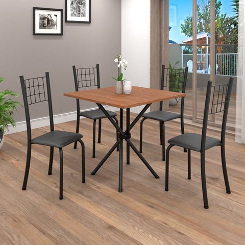 Conjunto de Mesa Tubular 70cm x 70cm Tampo em MDF com 4 Cadeiras Dany Preto/Liso/Txt