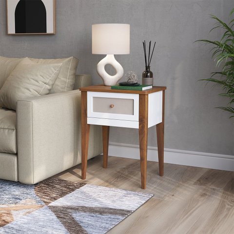 Mesa Lateral em Madeira Maciça 1 Gaveta Viena Branco