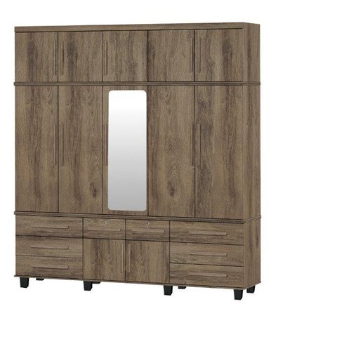Roupeiro / Guarda Roupas Gav Triplex 5 Portas com Espelho Central + 6 Gavetas Puxadores em Madeira C