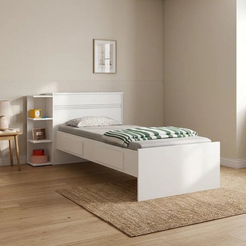 Cama Solteiro com Baú 2 Gavetas e 3 Nichos Jade Branco
