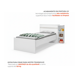 Cama Solteiro com Baú 2 Gavetas e 3 Nichos Jade Branco - 6