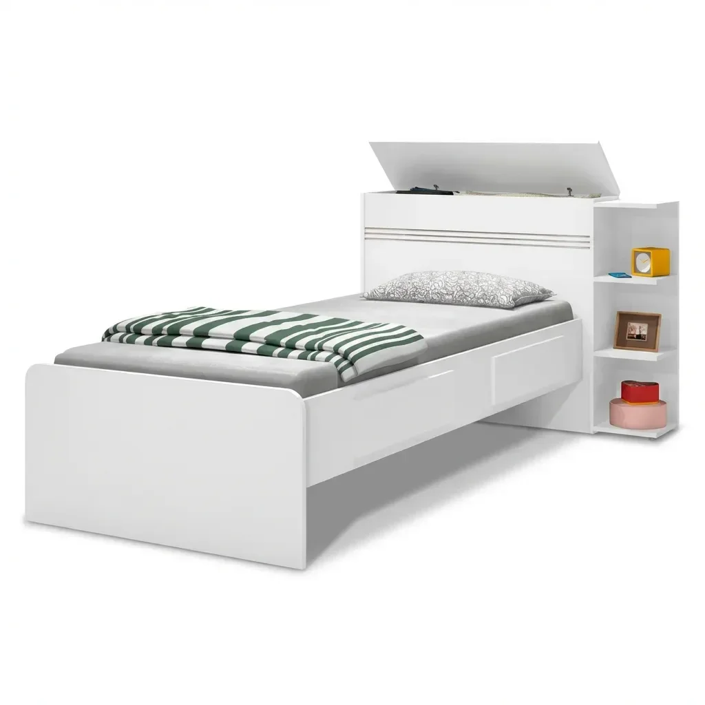 Cama Solteiro com Baú 2 Gavetas e 3 Nichos Jade Branco - 5