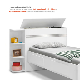 Cama Solteiro com Baú 2 Gavetas e 3 Nichos Jade Branco - 7 Cama Solteiro com Baú 2 Gavetas e 3 Nichos Jade Branco - 7
