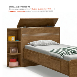 Cama Solteiro com Baú 2 Gavetas e 3 Nichos Jade Marrom - 8 Cama Solteiro com Baú 2 Gavetas e 3 Nichos Jade Marrom - 8