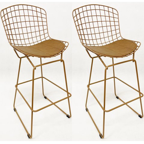 Kit 2 Banquetas para Cozinha média Bertoia cor Dourado fosco assento cor caramelo altura 60cm -