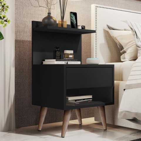 Mesa de Cabeceira para Quarto com 1 Gaveta e Pés Retrô Sleep - Preto