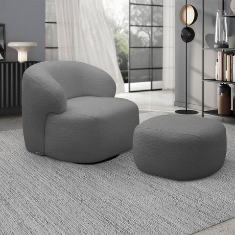 Conjunto Poltrona Base Giratória e Puff Decorativo Charlote Sala de Estar Bouclê Grafite G88 - Gran 