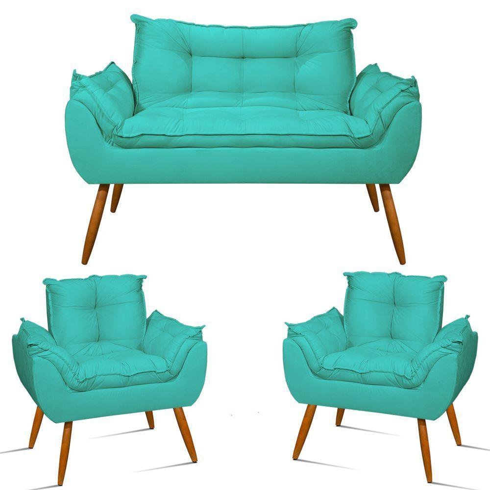 Kit Sofá Namoradeira + 2 Poltronas Opala azulturquesa MadeiraMadeira