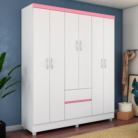 Guarda Roupa Jade 6 Portas Branco Rosa