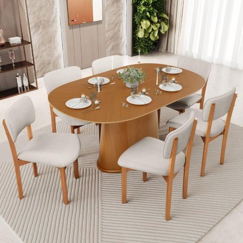 Mesa para Sala de Jantar Valência com 06 Cadeiras Sala de Jantar Dara L02 Linho Cru - Lyam Decor