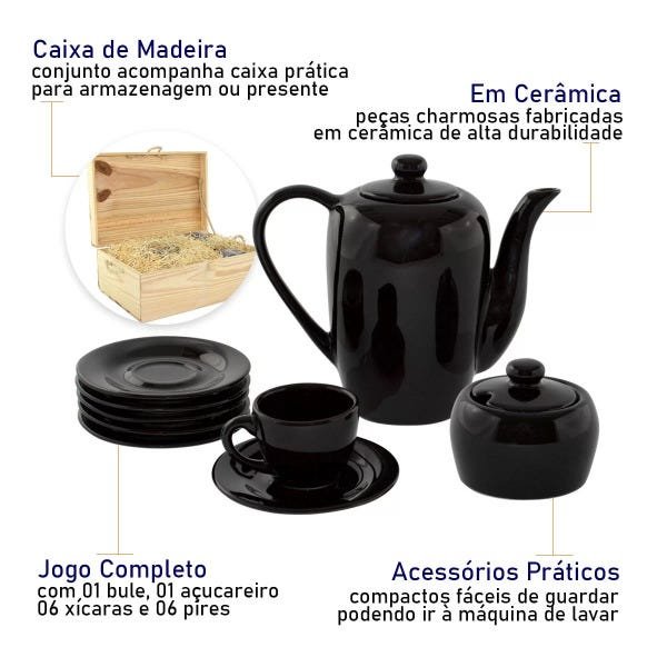Jogo De Chá Café Bule Xícara Pires Cerâmica Preto 12 Peças em