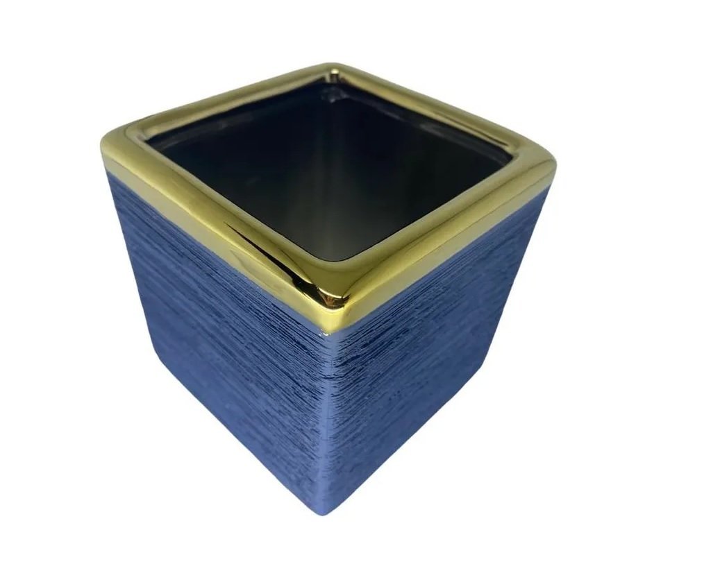 Vaso Decorativo Cachepot Ceramica Azul Borda Dourada 13x13cm Espressione Cachepot Decorativo Quadrad - 3