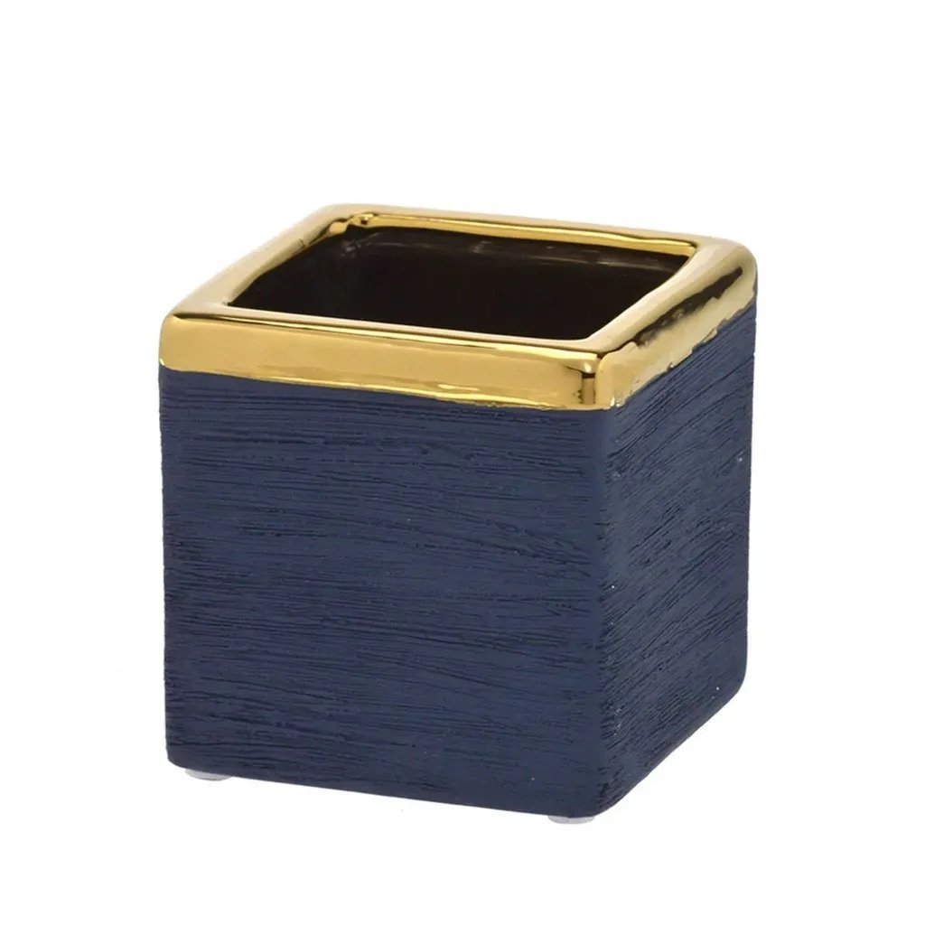 Vaso Decorativo Cachepot Ceramica Azul Borda Dourada 13x13cm Espressione Cachepot Decorativo Quadrad - 8