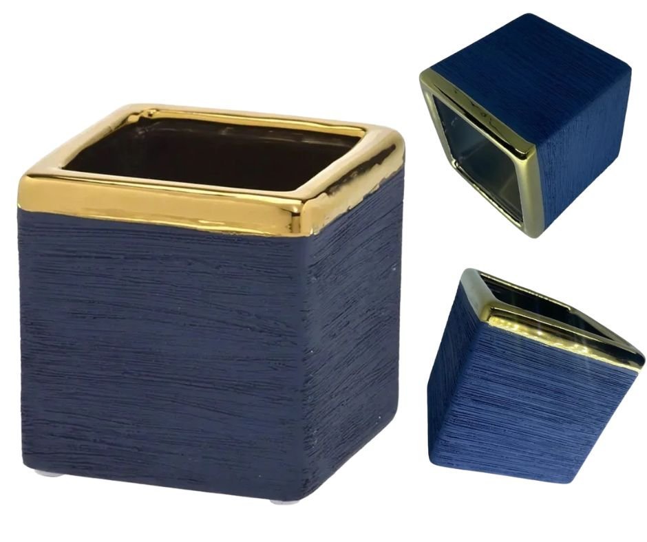 Vaso Decorativo Cachepot Ceramica Azul Borda Dourada 13x13cm Espressione Cachepot Decorativo Quadrad - 2