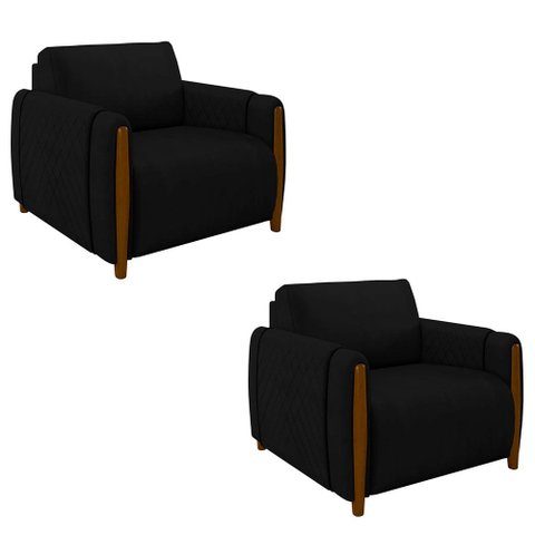 Kit 2 Poltronas Decorativas Pés Madeira Maceió Veludo Preto - Gran Belo