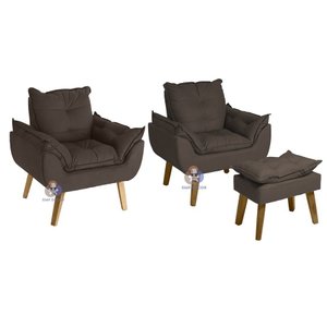 Kit 02 Poltrona/cadeira Decorativa e Puff Glamour Marrom com Pés Quadrado Marrom