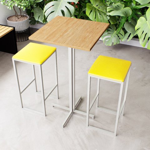 Conjunto Mesa Alta Bar Bistrô Quadrada Pinus 2 Bancos Estofado Don Castro Decor