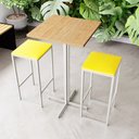 Ver imagem 1 de Conjunto Mesa Alta Bar Bistrô Quadrada Pinus 2 Bancos Estofado Don Castro Decor