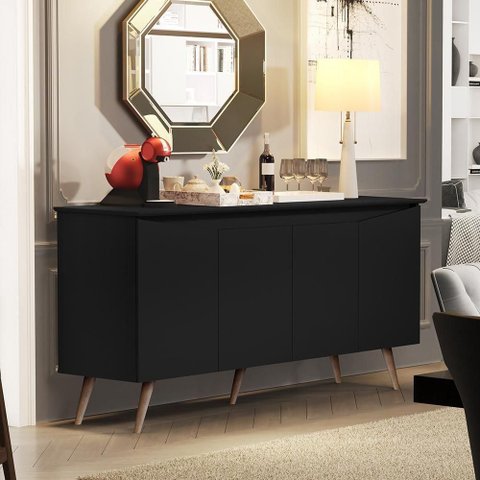 Aparador Buffet Encanto - 4 Portas com Pés Retrô em Mdp-mdf Preto - Lukaliam Móveis Preto