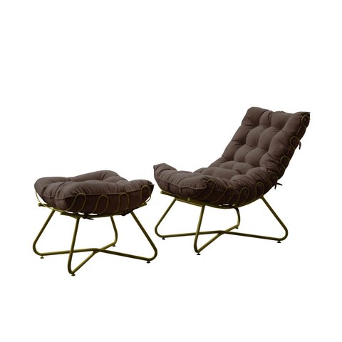 Poltrona Costela com Puff Eva Base Metal Dourado Veludo Marrom