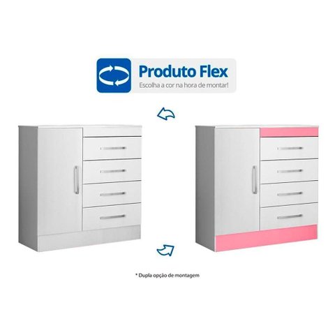 Cômoda Infantil Montevideu 1 Porta e 4 Gavetas Branco/Rosa - Demóbile